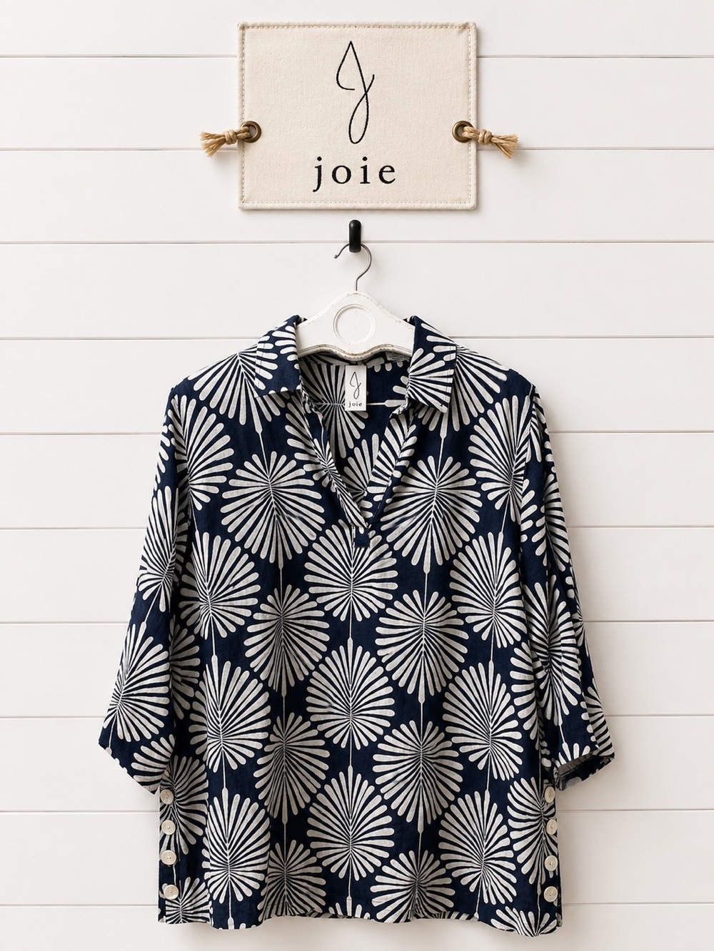 Joie 100% Linen Printed Tunic Top Navy Ivory Size 1X